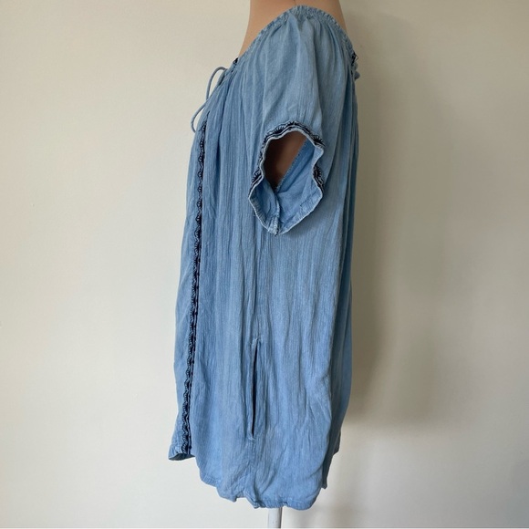 Muche et Muchette Blue Rayon Embroidered Short Sleeve Tie Neck Romper One Size - Picture 3 of 12